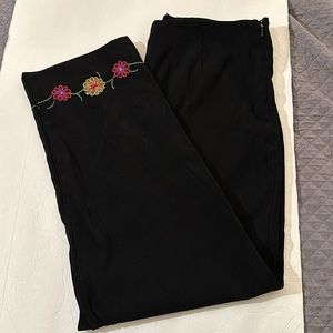 Women’s Black Pants with Embroidered Flowers on Bottom